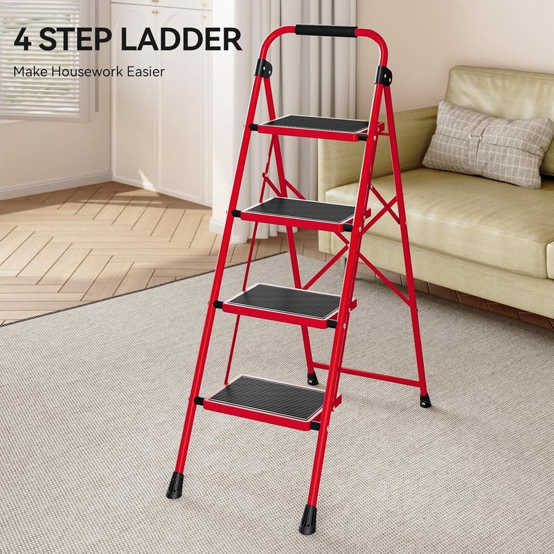 KINGRACK 4 Step Ladder, Folding Step Stool with Anti-Slip and Wide Pedal, Lightweight Stepladder with Handrails, Portable for Kitchen, Household, Red - Image 3